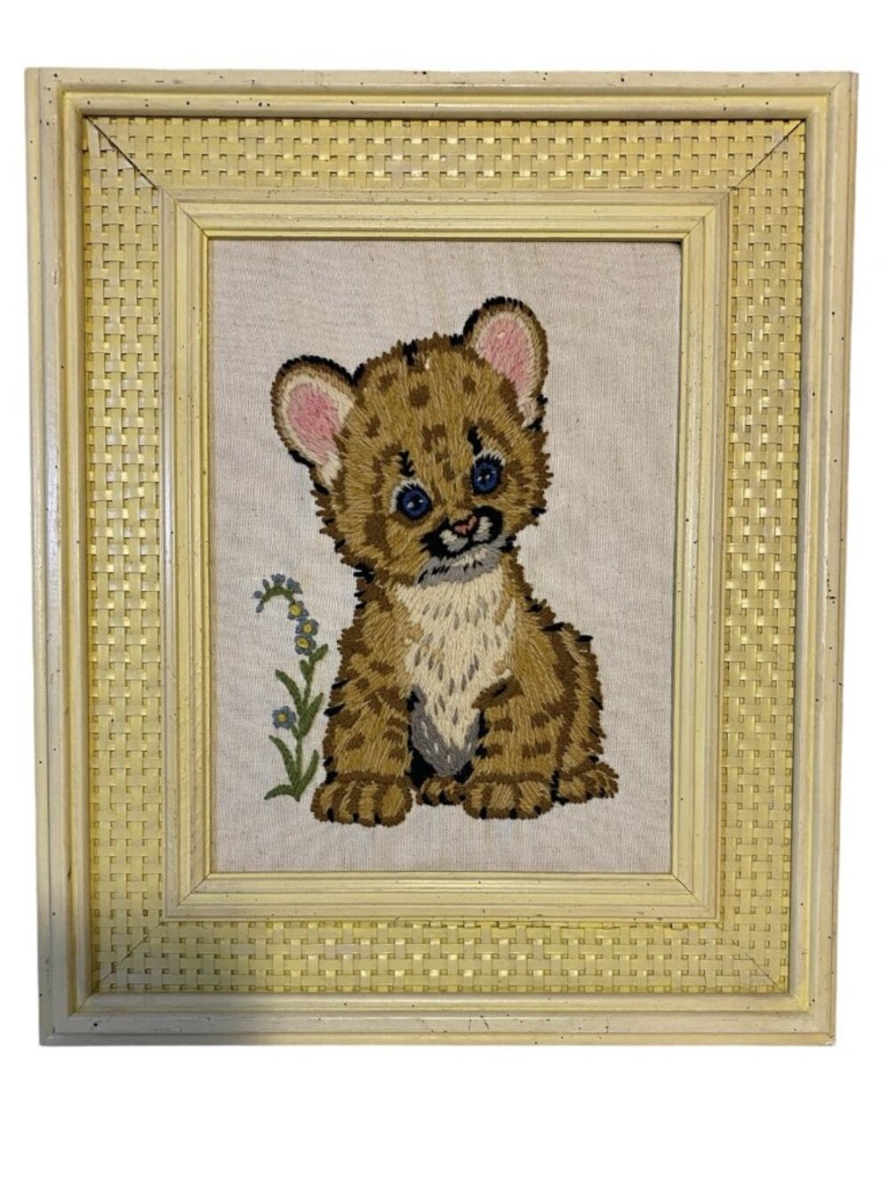 Vtg Needlework Textile Crewel Lion Cub Wall Art Embroidery 1980s Framed Woven